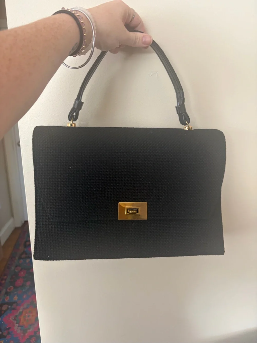 Vintage 1960s large Classic Black Top-Handle Women’s Bag with Gold Hardware